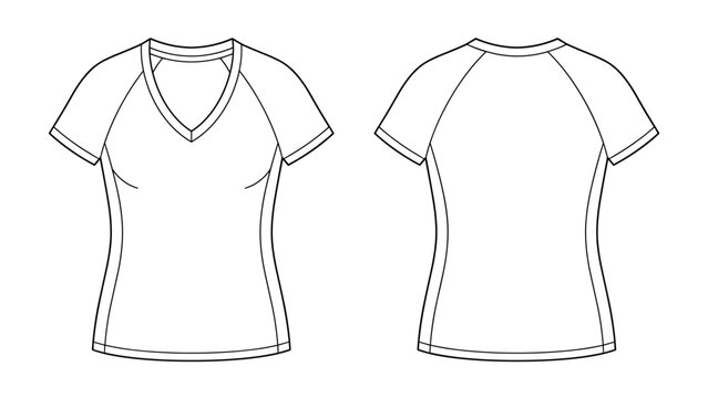 Womens short sleeve raglan v neck t-shirt front and back view flat sketch vector illustration technical cad drawing template