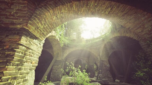 Sunlit brick dome with circular opening, ivy draping over ancient mortar, golden rays spilling into shadowed vault, mossy floor and damp texture, quiet