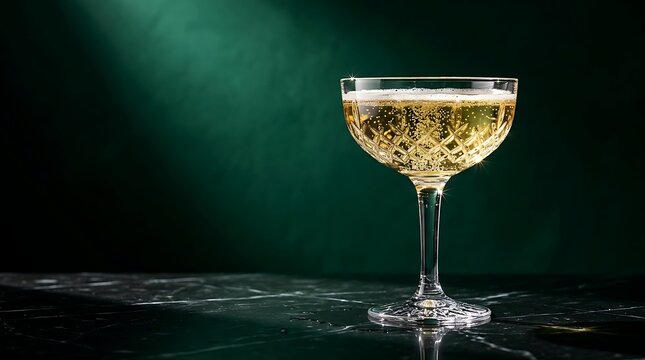 Crystal Champagne Coupe Glass with Bubbles on Dark Green Marble