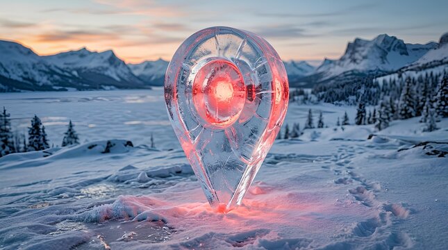 Giant ice sculpture map pin in frozen landscape.