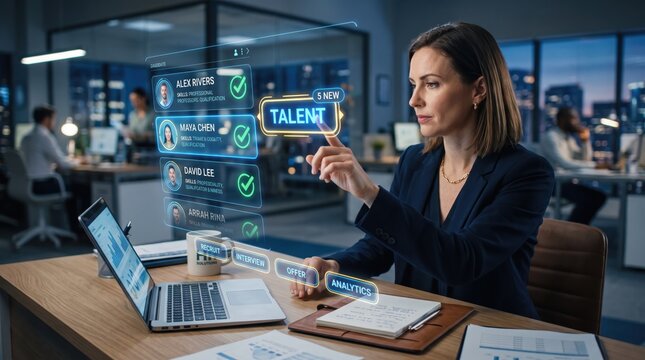 Professional woman using futuristic holographic interface for talent acquisition, human resources management, recruiting candidates, employee screening, digital recruitment