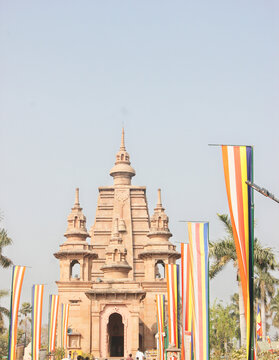 Buddhist Temple with Prayer Flags in Sarnath, Varanasi, India