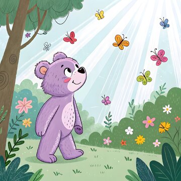 Grey koala bear standing in a colorful meadow
