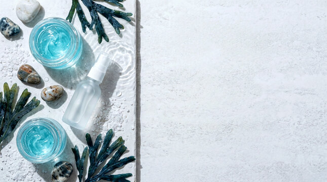 Showcasing hydrating marine algae skincare cosmetics set flat lay on textured stone tile background this top view product photograph features ocean elements
