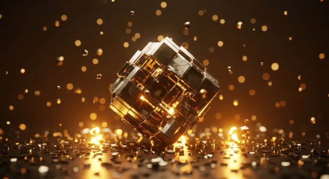 Shiny gold metallic cube floating with glowing particles in dark space illustration