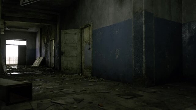 Shadowed hallway leading to bright opening, debris strewn across uneven floor, rows of worn doors, atmospheric decay perfect for thriller set design