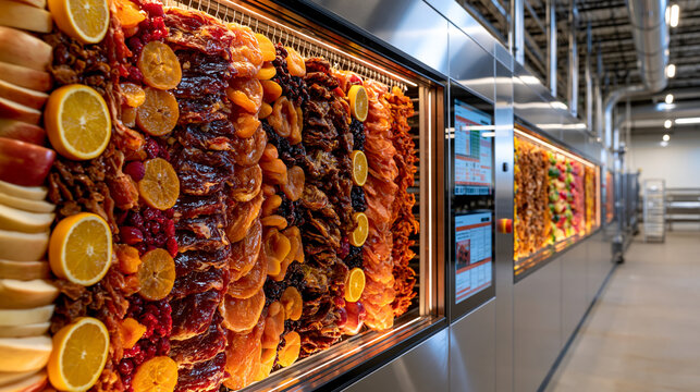 Modern food preservation facility with transparent observation windows overlooking automated dehydration production lines for meat, fruits and fish, ultra photorealism, cinematic color correction, n