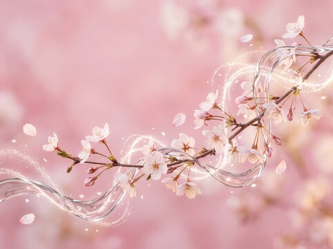 Sakura 112 Cherry Blossom Branch with Wavy Clear Glass Wave and Glowing Light Particles on Pink Soft Bokeh Background（ピンクのソフトボケ背景に波打つ透明ガラスのウェーブと輝く光粒子、桜の枝）