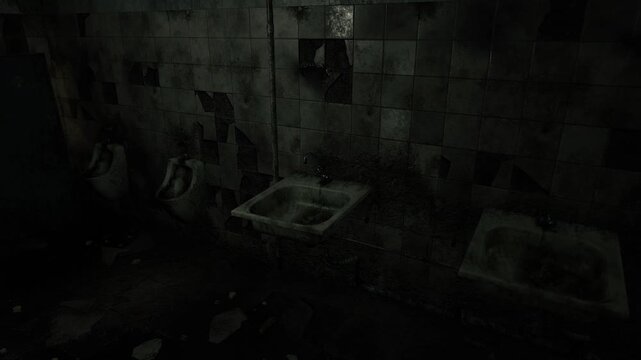Dim tiled washroom basin scene with broken sinks and grimy urinals, dripping residue and blackened grout highlight long abandonment, eerie stillness