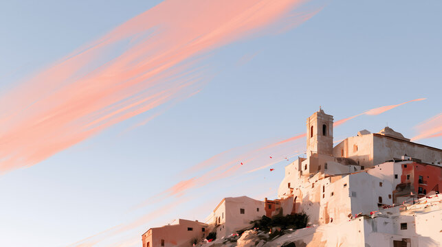 Stunning panoramic view of historic Mediterranean village architecture reminiscent of Castells de Tarragona at sunset with soft pink clouds