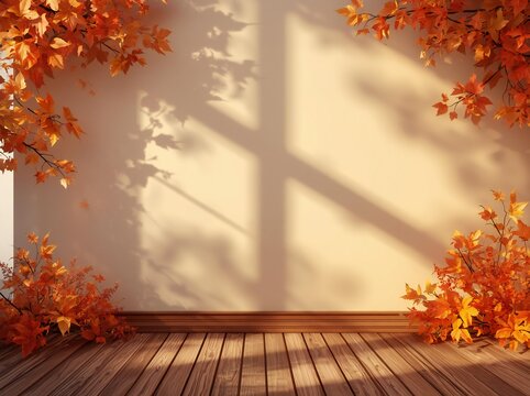 Warm Autumn Background with Orange Leaves and Wooden Floor