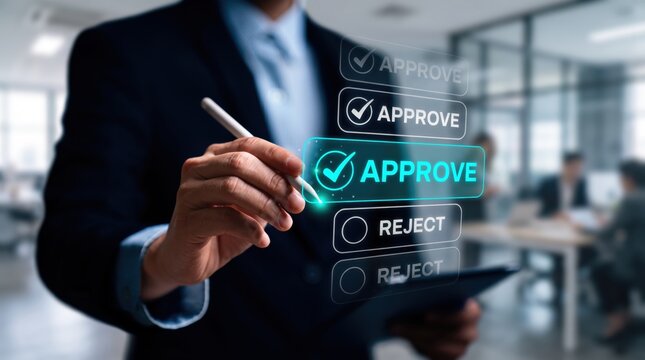 Hand selecting approve button on virtual screen, business decision making, digital approval process, management authorization interface, corporate workflow automation system