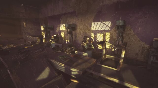 Dawn lit tailor station lined with idle machines, folded fabrics, measuring tapes, scattered patterns, warm shafts of light, intimate small batch production