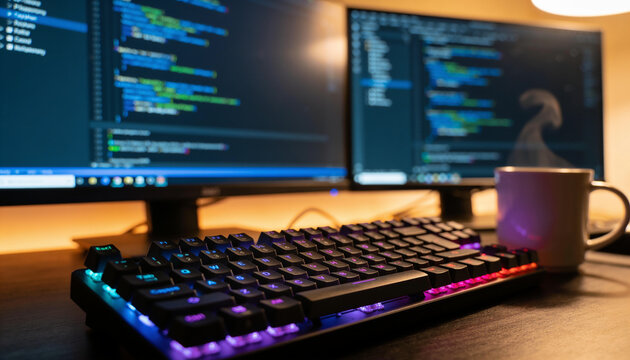 RGB Backlit Mechanical Keyboard and Coffee Mug on Programmer Desk with Dual Code Monitors