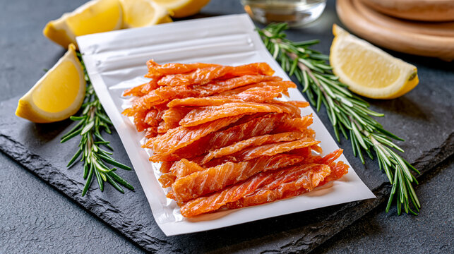 White resealable zip pouch mockup for dried salmon strips, blank packaging without logos standing on dark slate surface with lemon wedges and rosemary, premium seafood snack concept, ultra photoreal