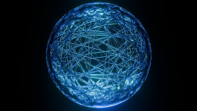 Abstract glowing blue digital network sphere with neon wireframe lines on black background, Futuristic 3D render