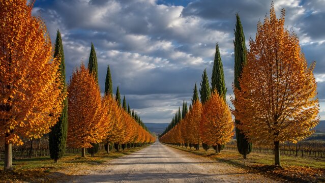 Herbst in Italien: Lange Allee mit schlanken Zypressen und leuchtend orangefarbenen Laubb&auml;umen f&uuml;hrt durch eine l&auml;ndliche Landschaft unter dramatischem Wolkenhimmel.