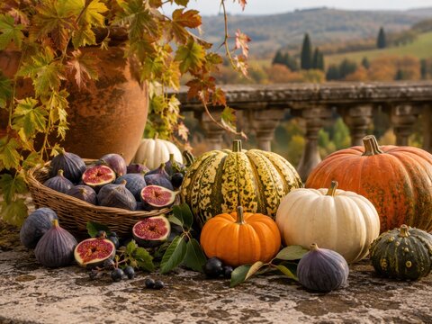 Herbst in Italien: Farbenfrohe K&uuml;rbisse und reife Feigen bilden ein mediterranes Erntedank-Stillleben auf einer Terrasse mit herbstlicher H&uuml;gellandschaft im Hintergrund.