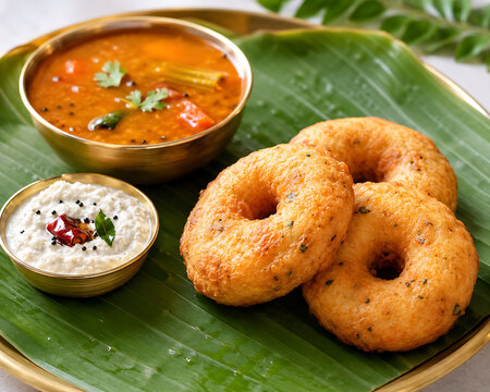 Medu vada with crispy golden exterior, coconut chutney and sambar