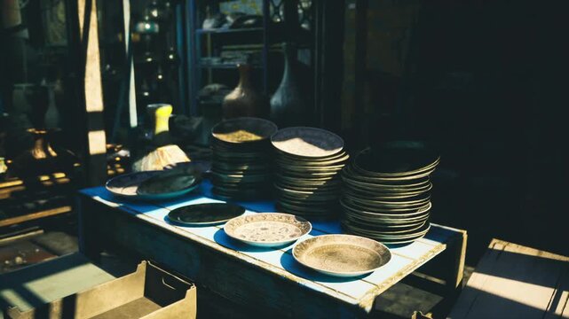 Colorful market table filled with ceramics, varied stacks of plates and brassware on wooden counter, high contrast sunlight and lively tones, bustling market