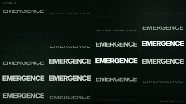 Emergence text repeating in a grid pattern creates a dark, moody background with sharp white typography and subtle lighting effects that highlight the clean, modern sans-serif letter textures.