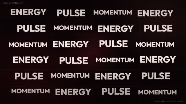 Energy, pulse, and momentum words appear in a structured grid against a dark, moody background with soft red highlights, emphasizing the dynamic and fast-paced nature of modern business growth.