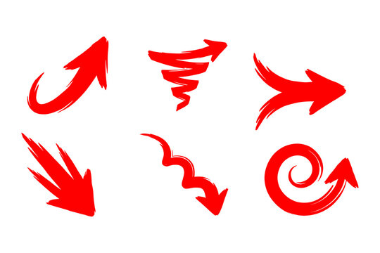 Red hand drawn abstract swirl and split directional arrows bundle isolated on transparent background