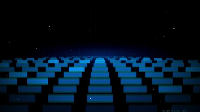 A seamless 4K motion graphic featuring blue and cyan data elements animate across a high tech grid with a system status display.