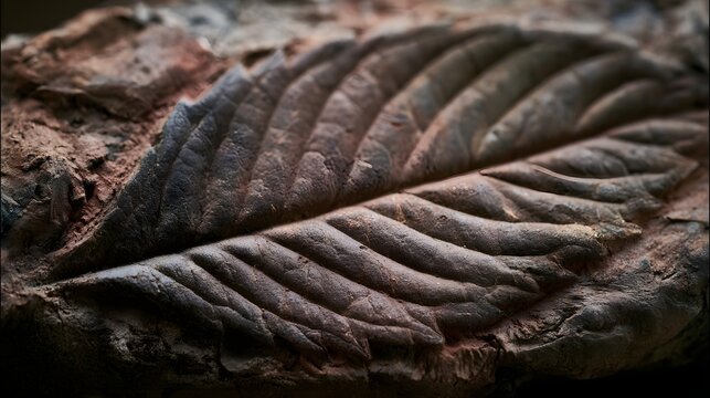 A detailed leaf imprint preserved in textured earth toned clay  showcasing natural ridges and organic patterns