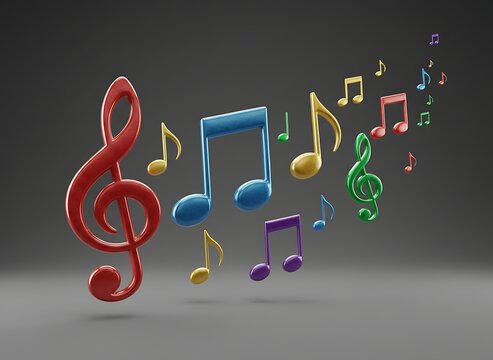 Colorful musical notes composition on gray background.