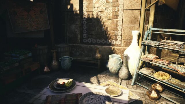Afternoon shadows cast over pottery, Souk AlZal market merchant curated collection inviting exploration with earthenware vases stacked on shelves open spice
