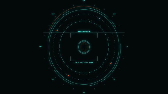 A seamless 4K motion graphic featuring detailed cyan and orange targeting rings animate around a central futuristic lock-on interface.