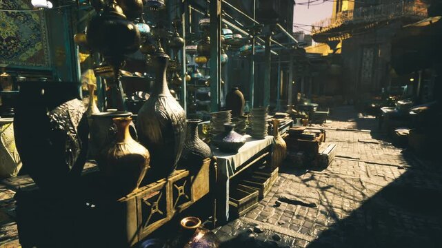 Golden brass lanterns lined down alley display on wooden stalls in bustling medina, warm sunlight casting long shadows over cobblestone, intricate engravings