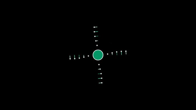 Abstract circular motion graphic featuring floating dots and arrows on dark no background.