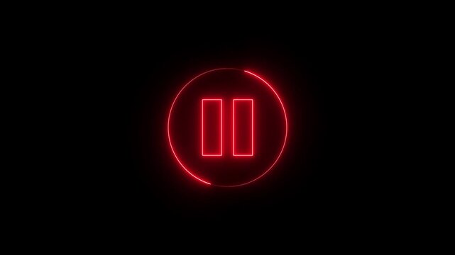 Glowing neon media player pause icon animation video and audio play stop control circle pause button sign symbol on black background.4k loop motion video..