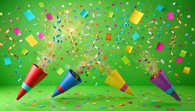 Colorful Party Poppers with Confetti on Green Background.