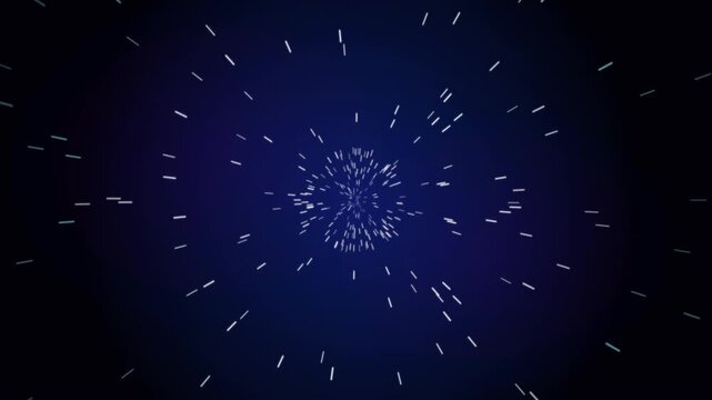 A seamless 4K motion graphic featuring countless light streaks rush through a blue cosmic tunnel to simulate high speed space travel.