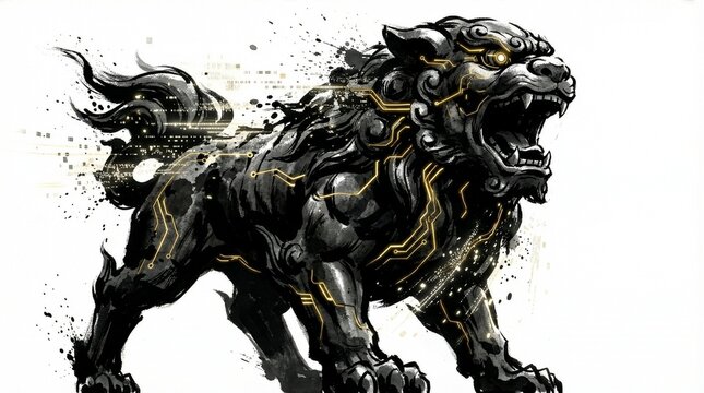 Sumi-e style illustration of a traditional shisa lion dog with glowing cybernetic circuits
