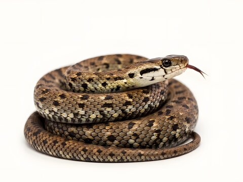 Close-up of coiled venomous viper snake with forked tongue flicking on white background
