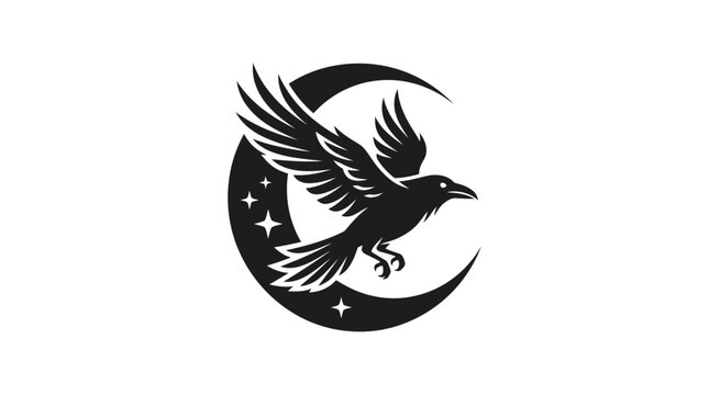 Dark fantasy raven emblem with crescent moon and stars. Black bird silhouette logo design. Vintage vector symbol for tattoo, band merchandise, and book cover art template. BACK TO SCHOOL