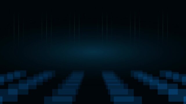 A seamless 4K motion graphic featuring bright blue optical streaks and luminous flare orbs sweep over a black background.