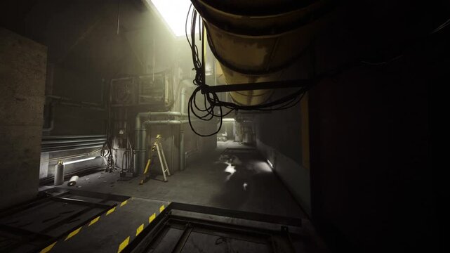 Loading bay corridor with service vehicle and machinery at far end, yellow ductwork above, tracks on floor and highcontrast lighting for commercial industrial