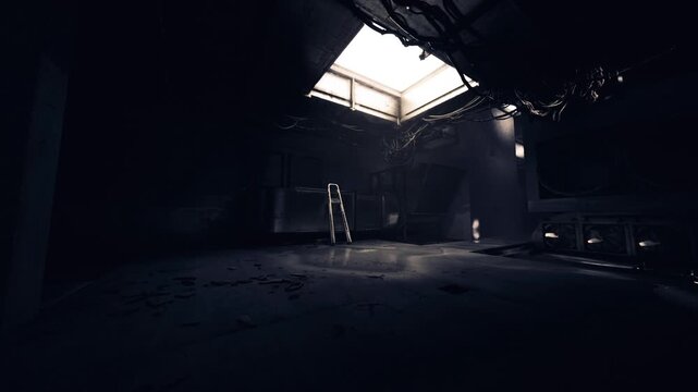 Sunray through skylight onto concrete floor ladder, urban explorer scene, discovery mood, long shadows, high ceiling, silent space, subtle texture, perspective