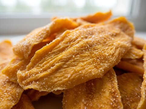 Close up of delicious crispy potato chips with spicy yellow seasoning powder. dried mango flakes