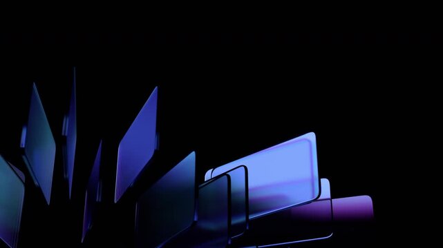 Abstract structure of blue blocks rotating on a black background, 4k seamless loop 3d animation