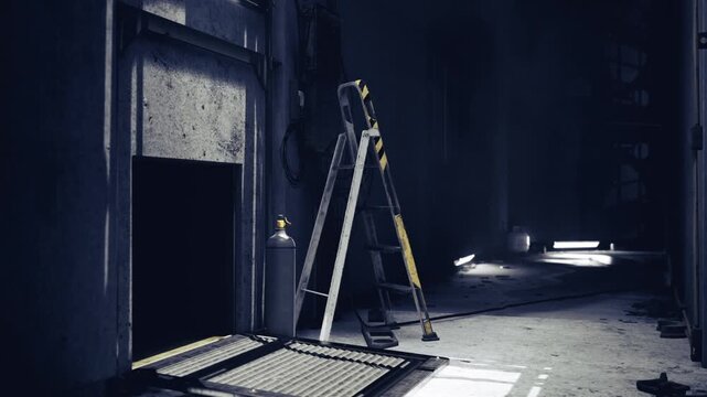 Maintenance inspection corridor with standing ladder. Safety equipment present, gas cylinder near mat, checklist absent, cautious light patches, procedural