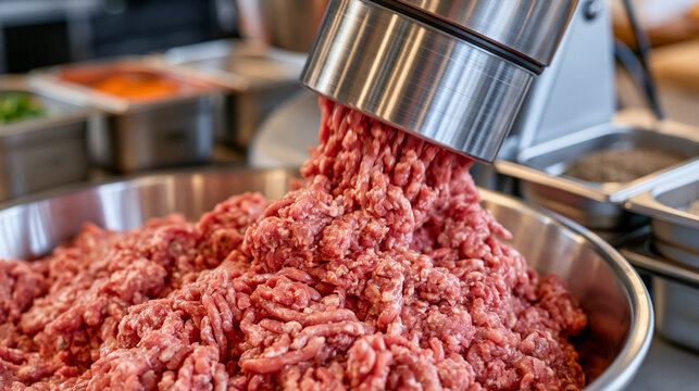 Commercial cutter mixing chicken sausage mince with fresh herbs and seasonings, organized stainless steel spice containers beside the machine in a spotless factory, ultra photorealism, cinematic col