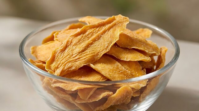 Dried mango slices in a glass bowl on a table