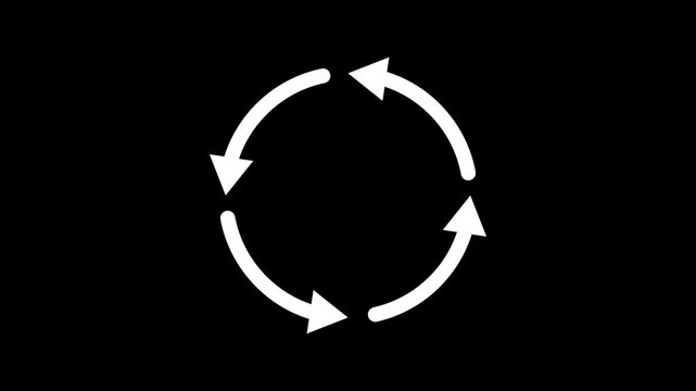 White four arrow circular rotation symbol animation. White four arrow for refresh and cycle. White four arrow icon for repeat process.