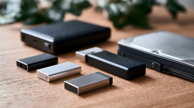 Various USB flash drives and an external hard drive arranged on a wooden surface with soft natural lighting